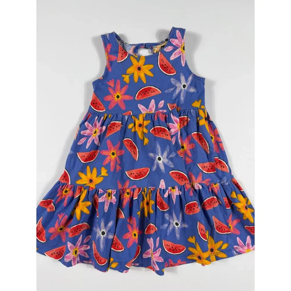 Tea Collection Watermelon Floral Tiered Twirl Dress Blue Size 5
